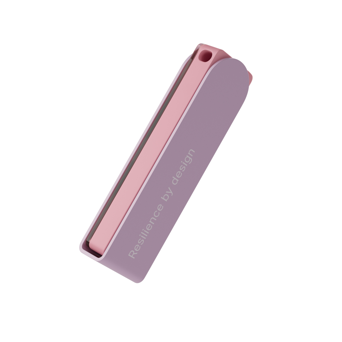 Un dispositivo moderno de colores pastel, posiblemente una funda o accesorio para teléfono, con exterior morado, interior rosa y texto 'Resilience by design'.