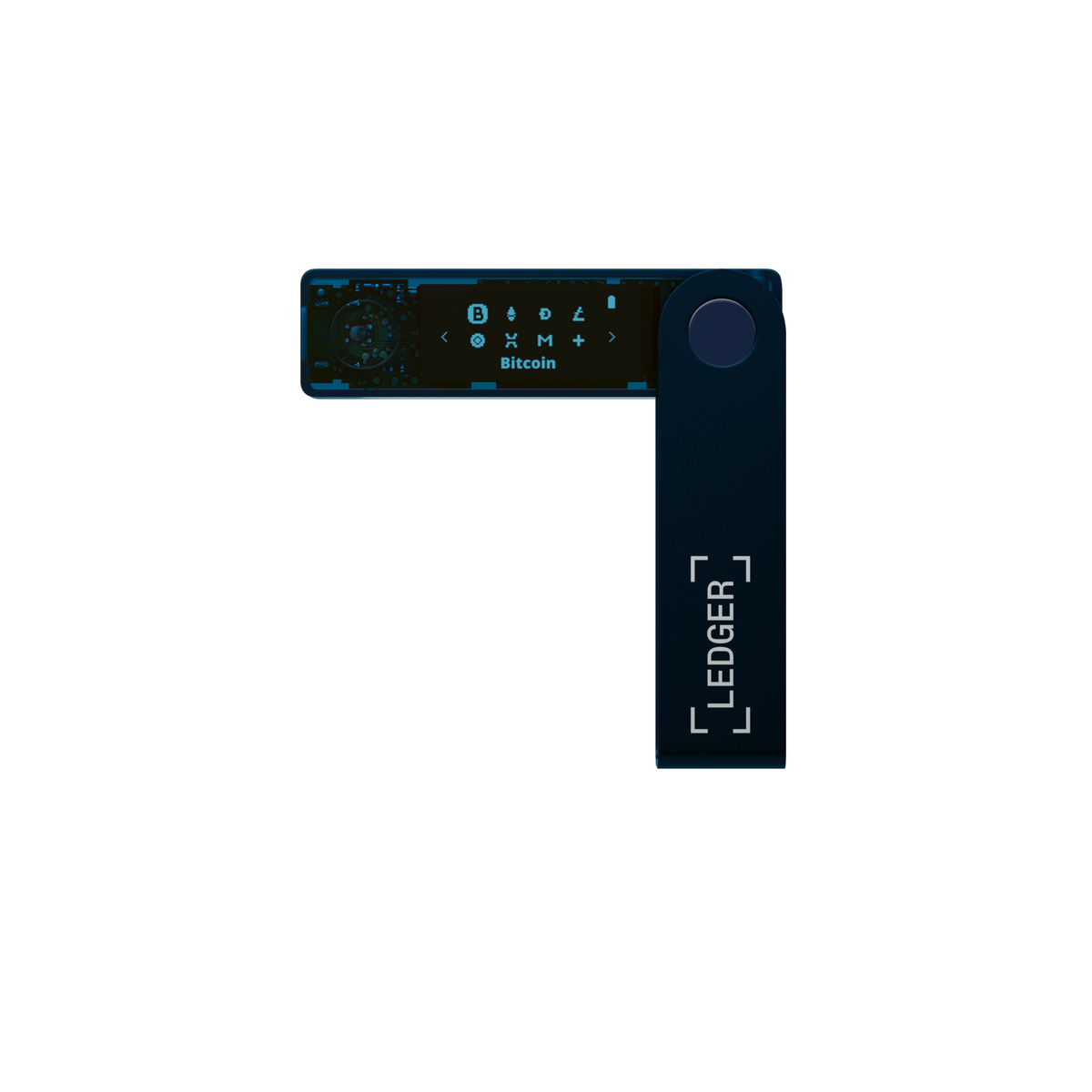 Una billetera de hardware Ledger negra. La pantalla muestra símbolos de criptomonedas y 'Bitcoin'. El logotipo de Ledger está en el lateral.