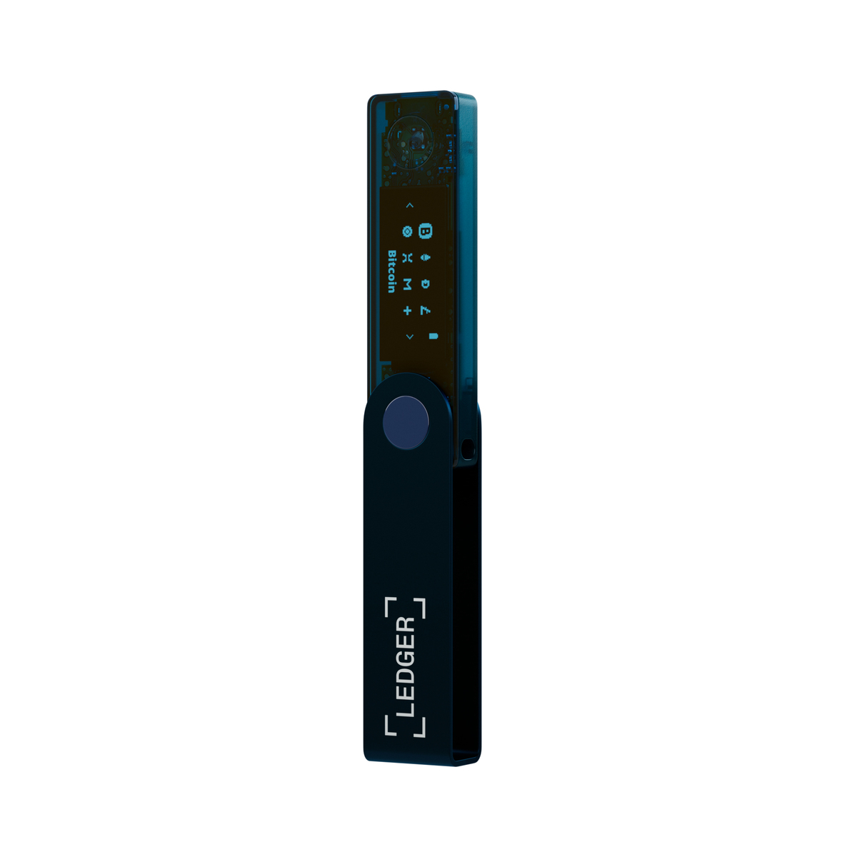 Se muestra una billetera de hardware Ledger. Es azul oscuro con una pantalla que muestra detalles de Bitcoin, y el logotipo de Ledger es visible.