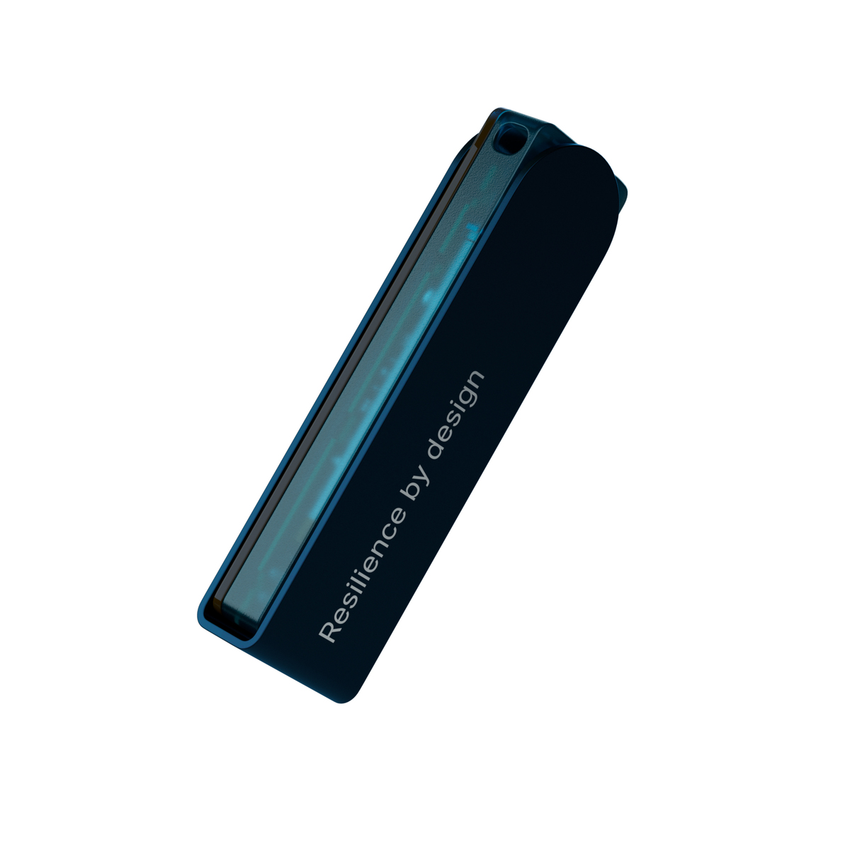 Dispositivo rectangular azul oscuro con bordes redondeados, sobre fondo blanco. Texto: 'Resilience by design'.