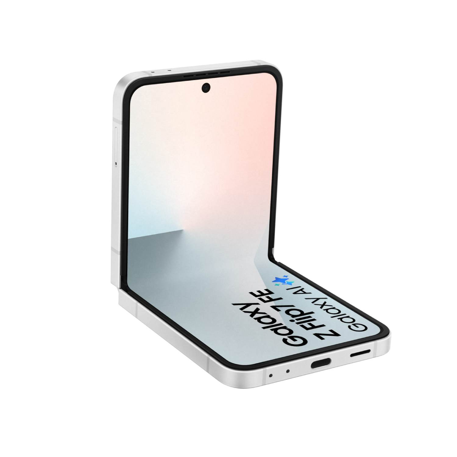 A silver Samsung Galaxy Z Flip7 FE phone is shown partially open. The screen displays text and a light gradient.
