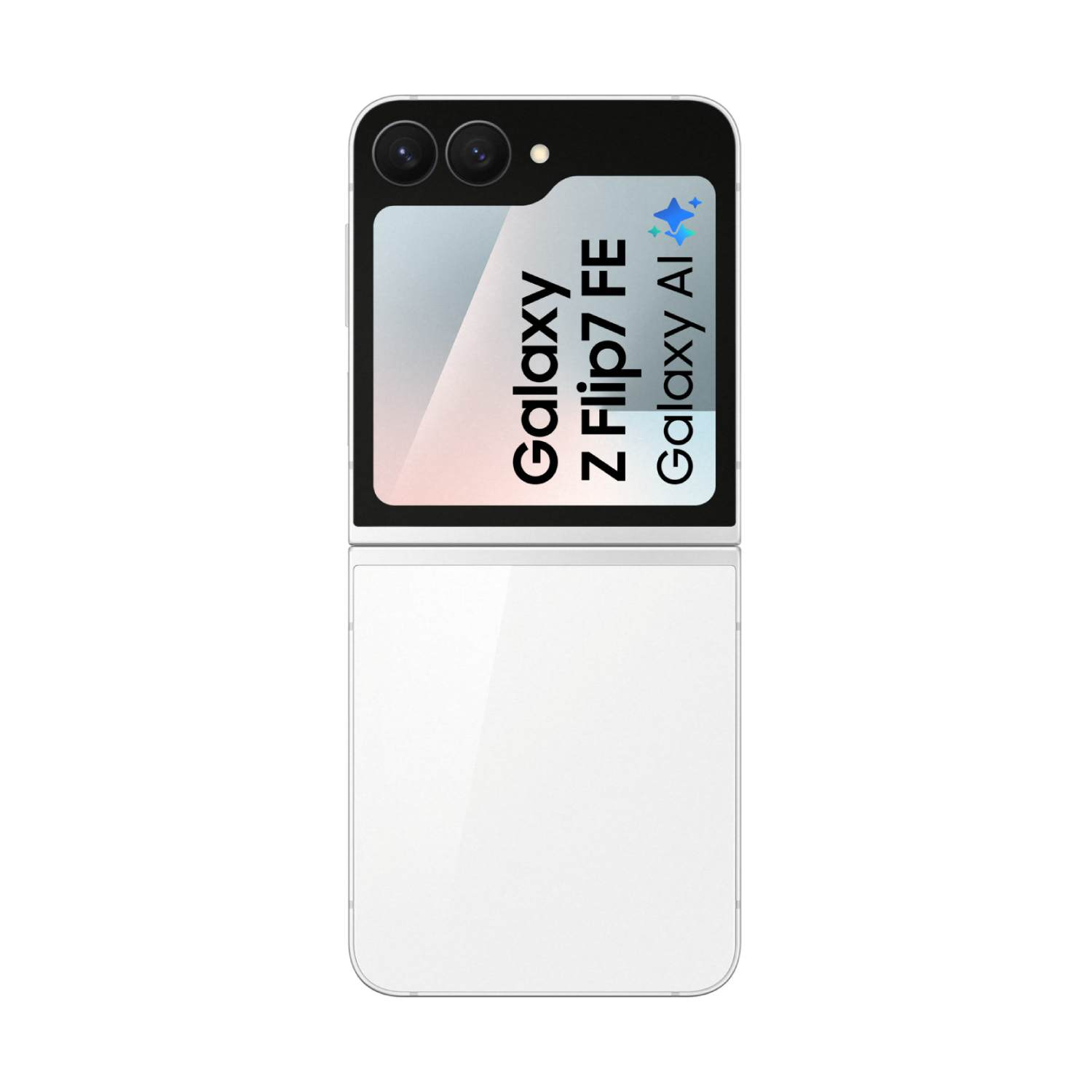 White Samsung Galaxy Z Flip7 FE phone, open. Black top with cameras. Screen shows "Galaxy Z Flip7 FE Galaxy AI".
