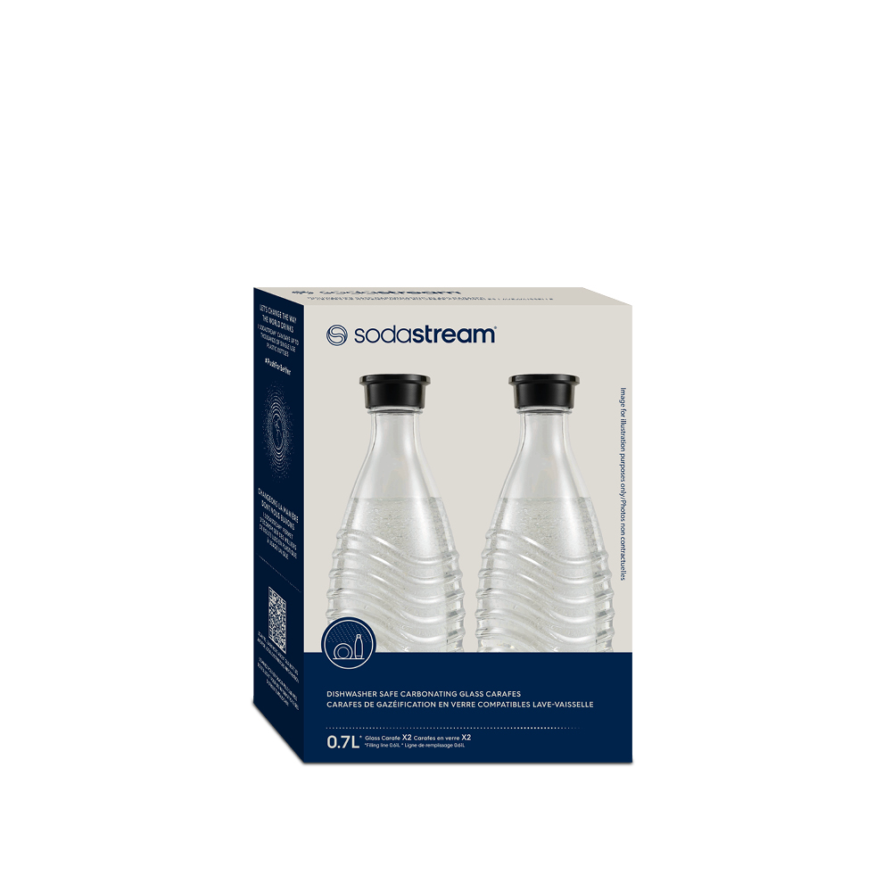 Scatola con due bottiglie di vetro SodaStream. Tappi neri e bottiglie di vetro trasparente. La scatola mostra il logo SodaStream.