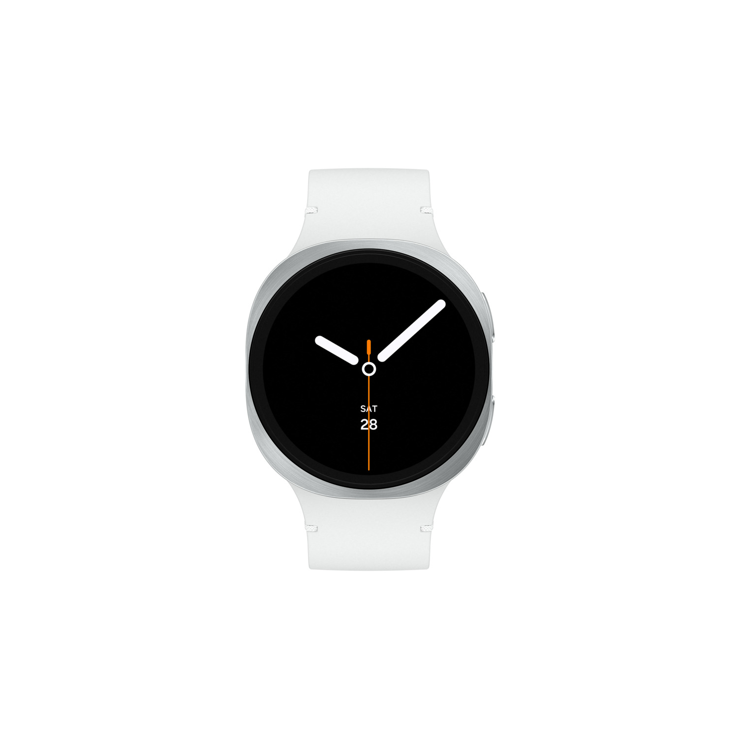 A white smartwatch with a black display showing the date 28