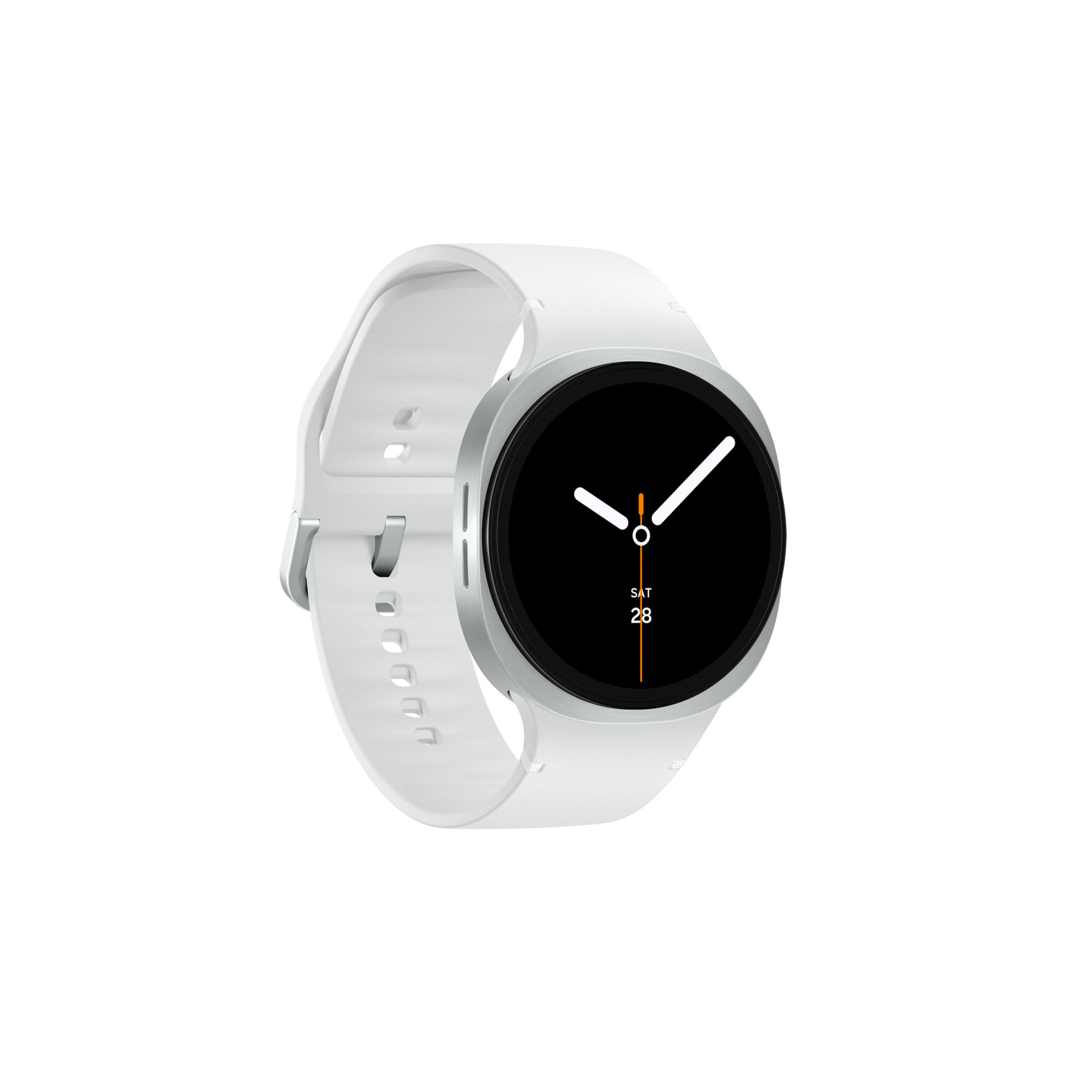 White smartwatch with silver casing and black watch face displaying date and time.