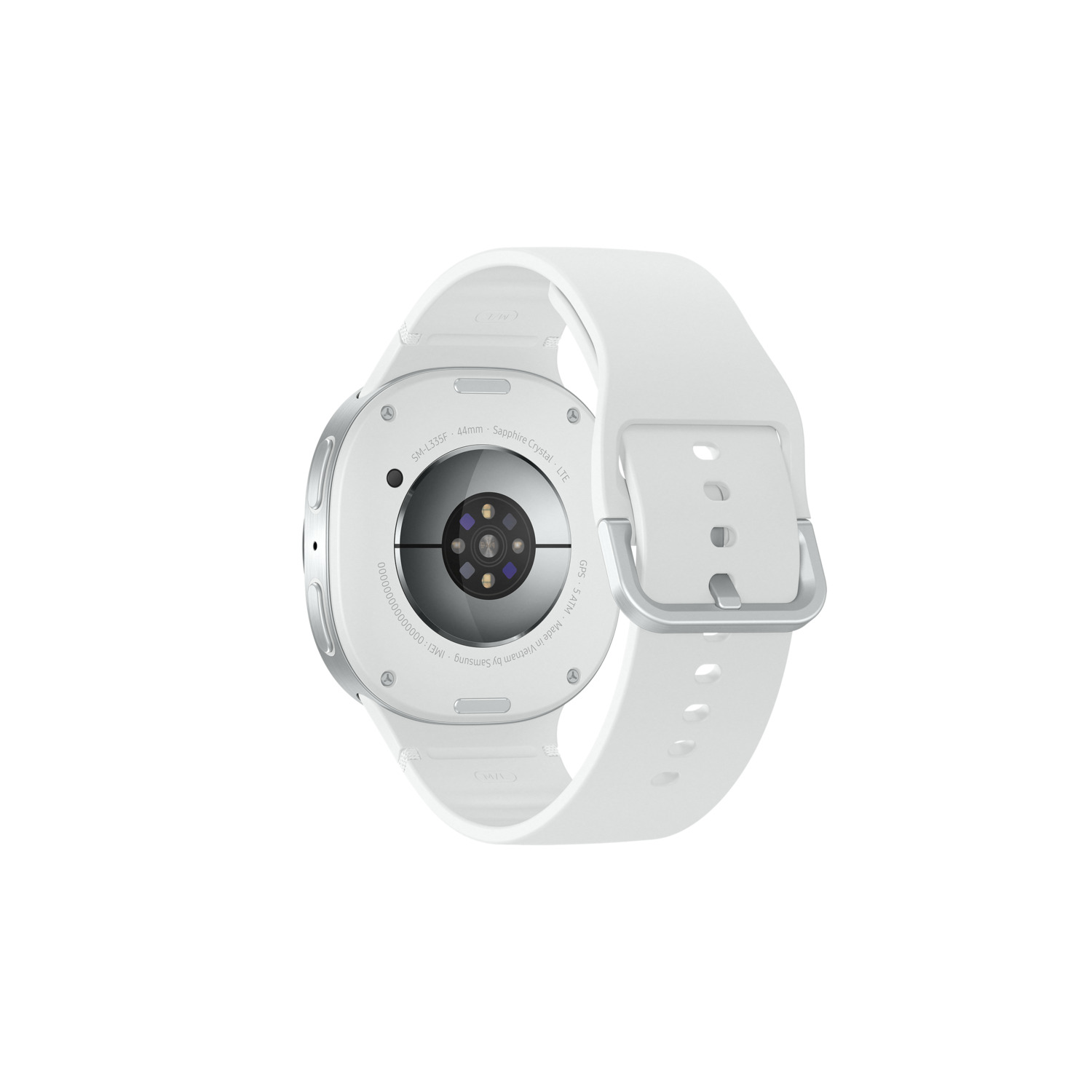 White smartwatch with silver bezel and sensors on the back.