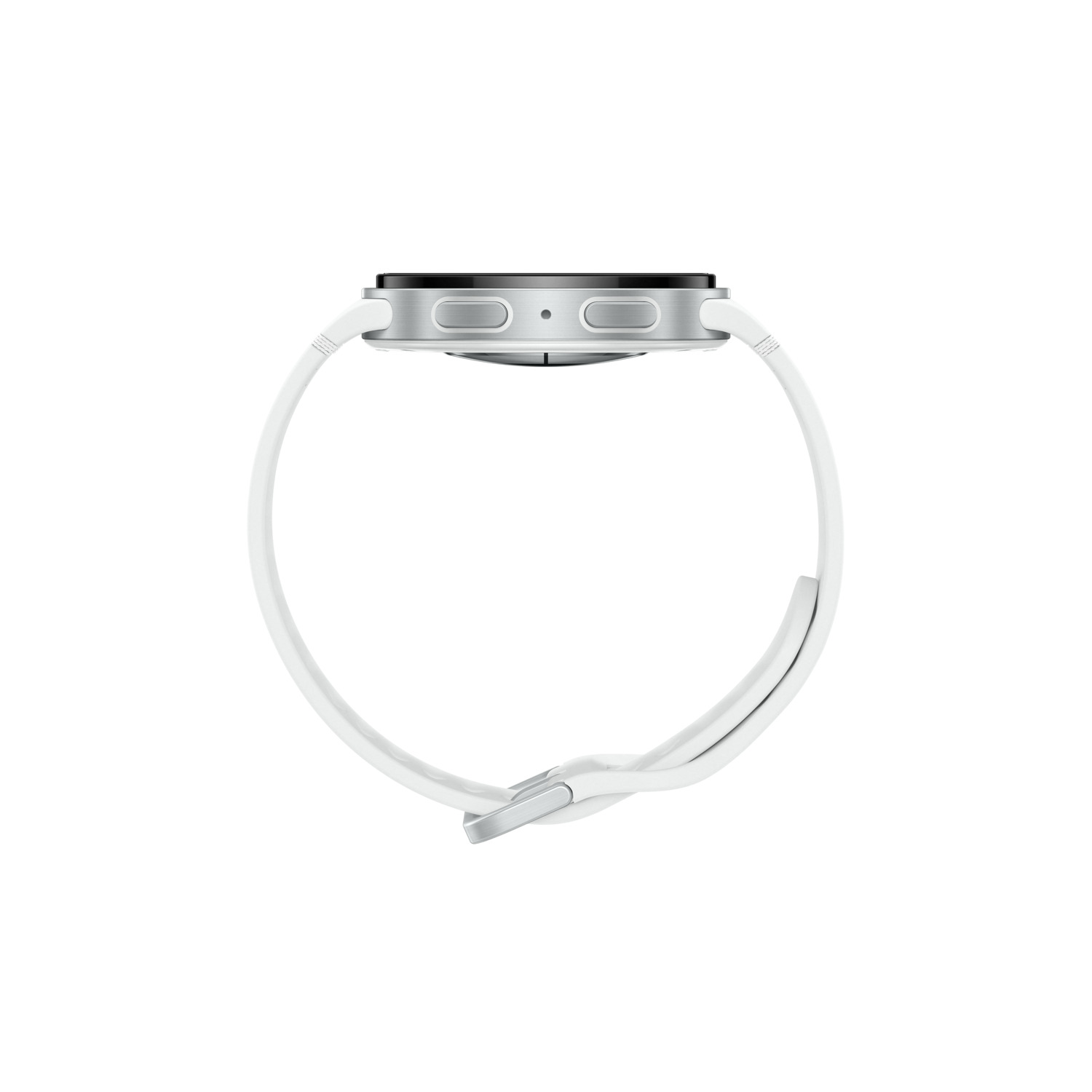 Silver smartwatch with a white band, isolated on a white background.
