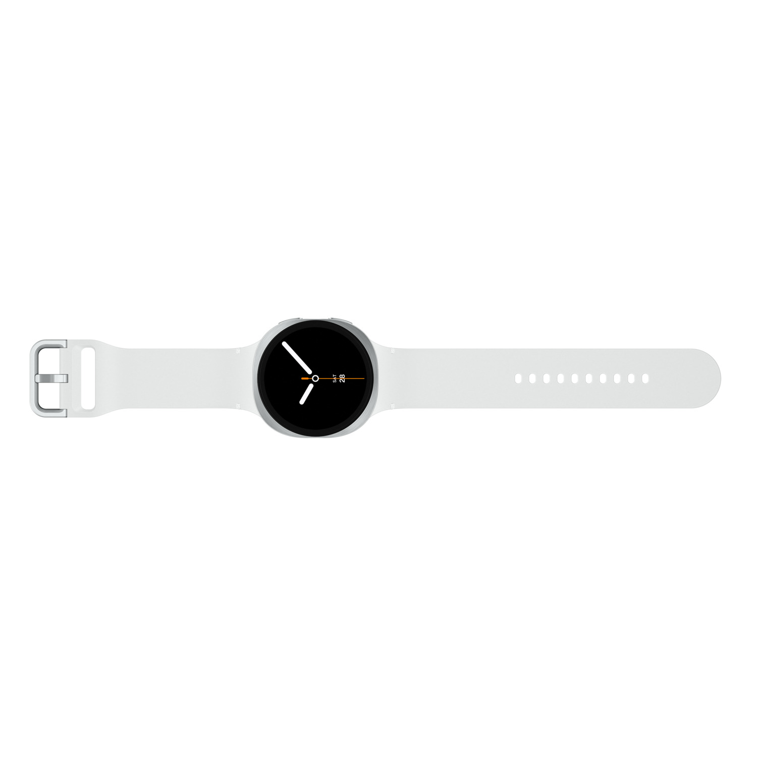 A white smartwatch with a black circular face and silver bezel. The time is 10:08.
