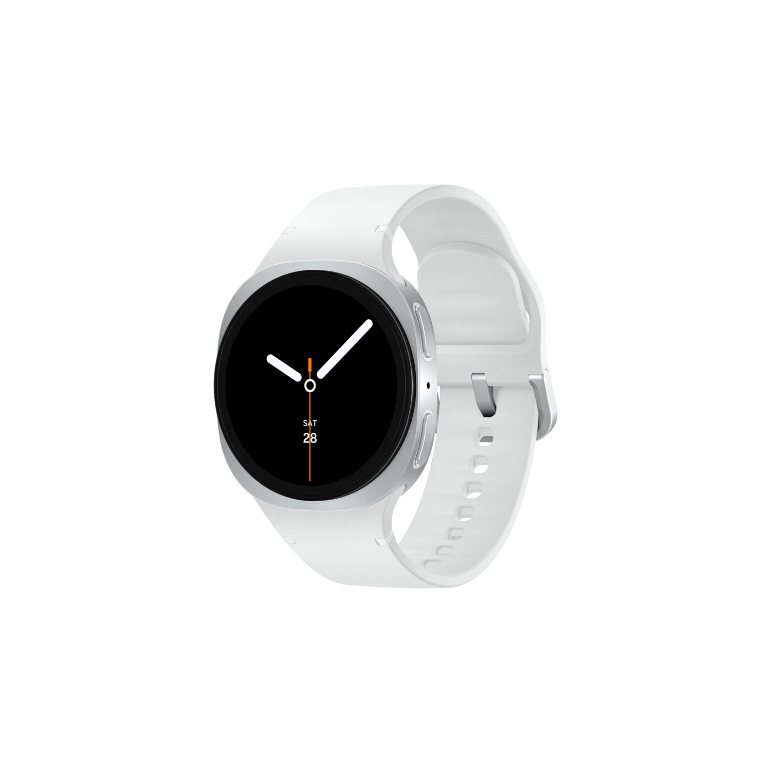 Wit smartwatch met zilveren behuizing en zwart wijzerplaat, toont zaterdag 28.