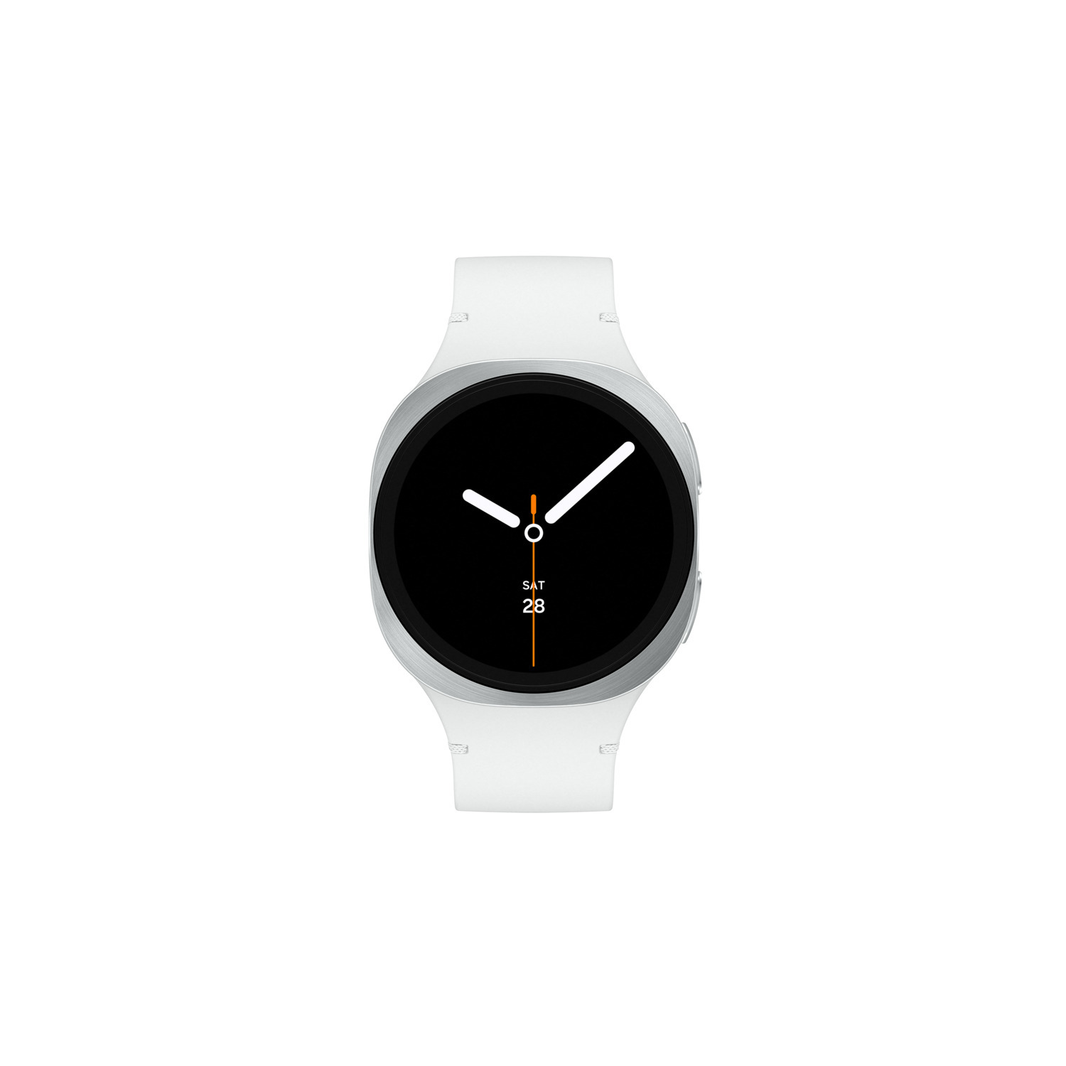 Een witte smartwatch met een zwart scherm waarop de dag en datum worden weergegeven.