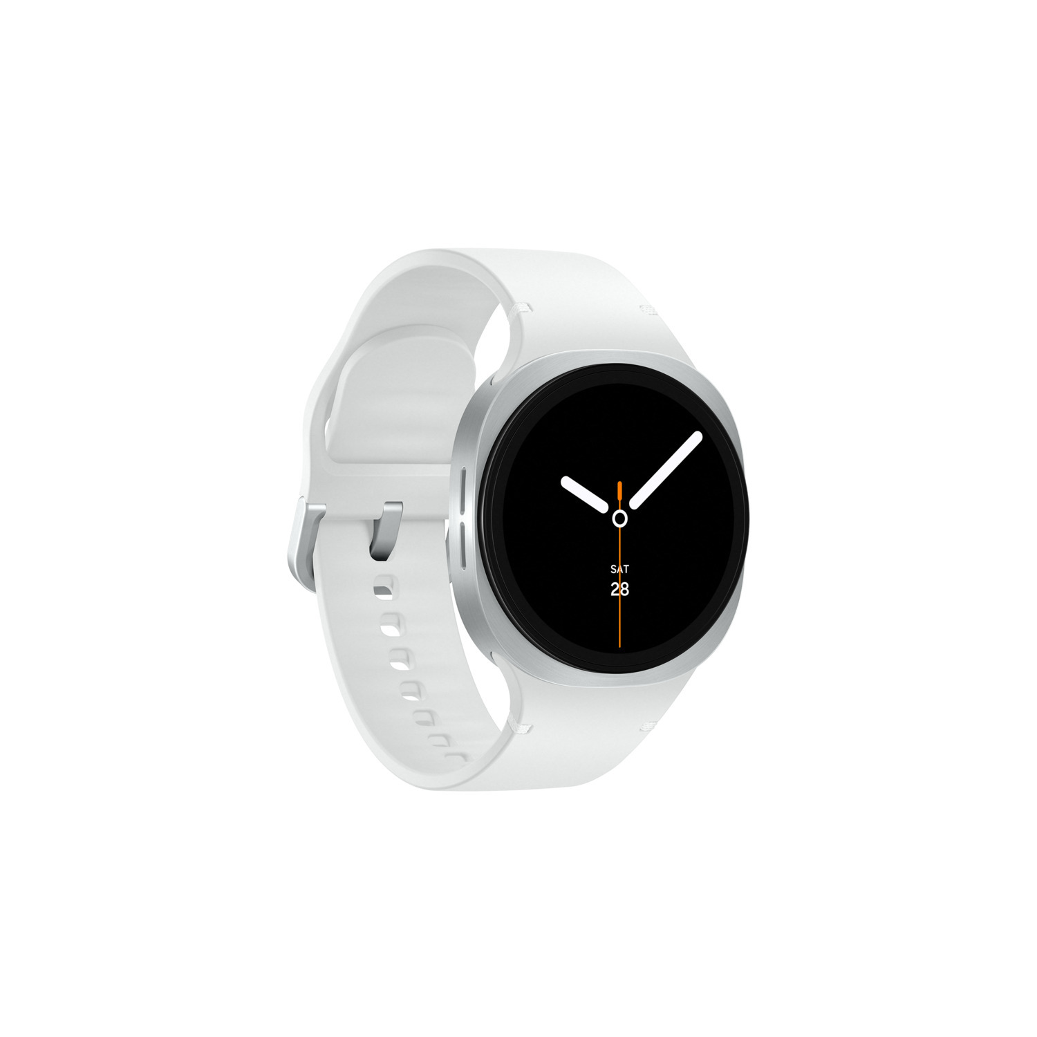 Een witte smartwatch met zilveren rand en zwart scherm.