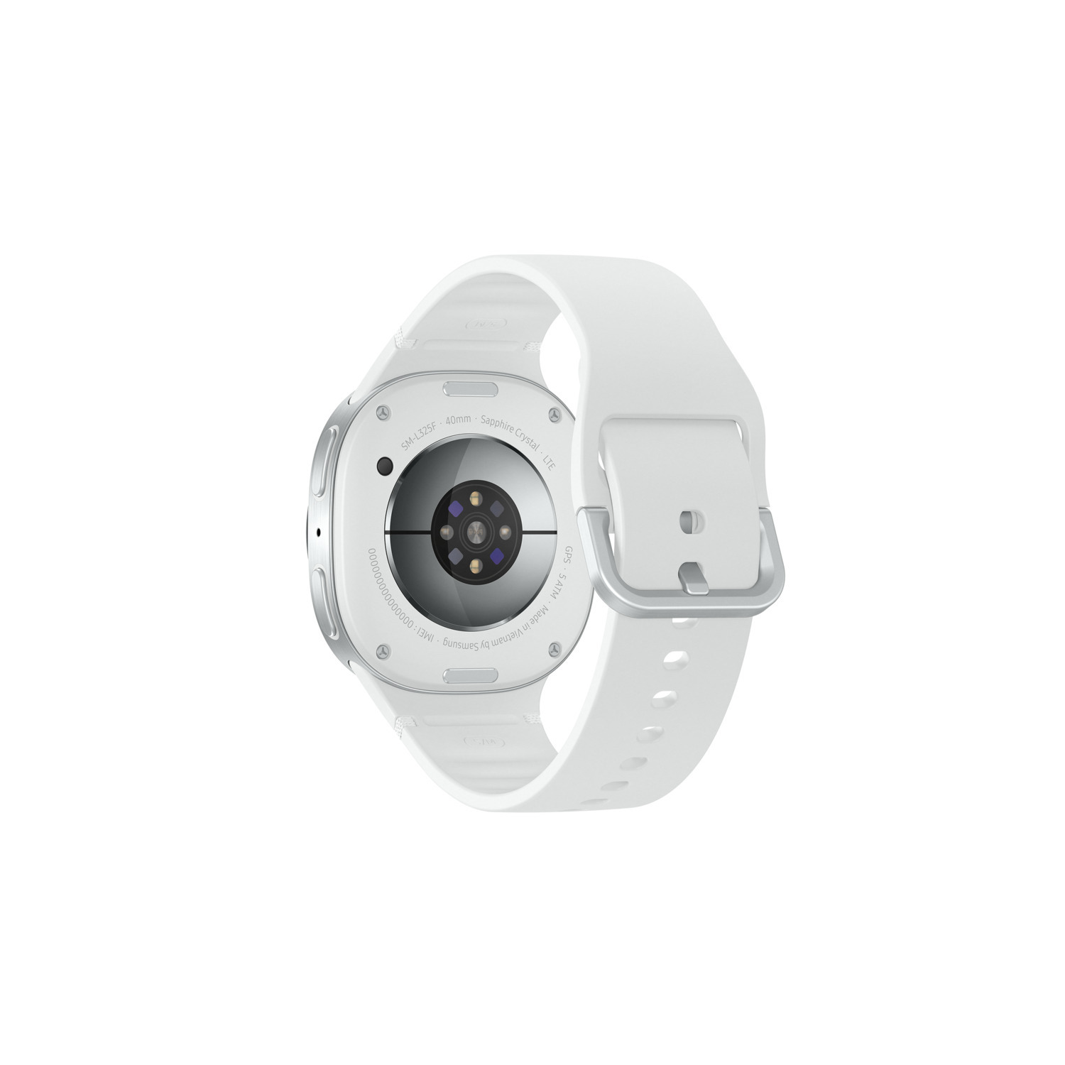 Witte smartwatch achterkant met sensoren en witte band.