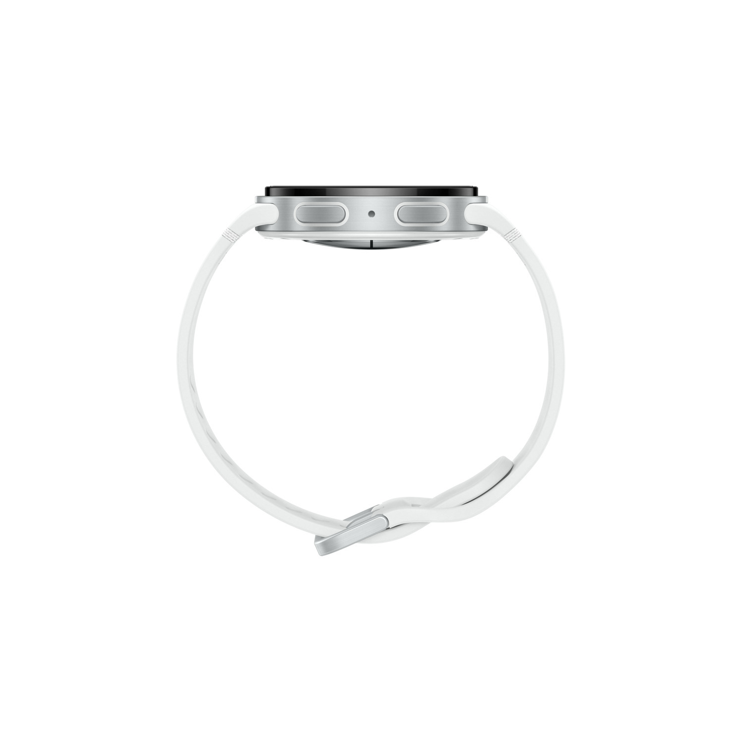 Een zilverkleurig smartwatch met wit bandje, van de zijkant gezien.