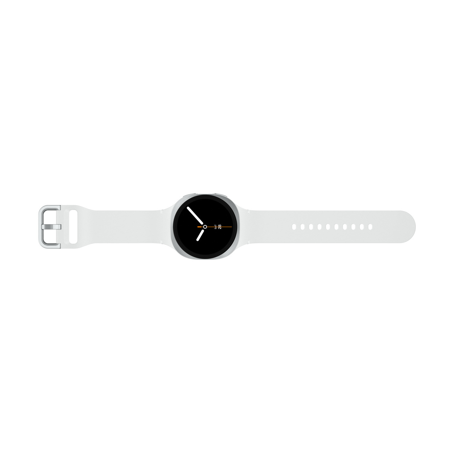 Een witte smartwatch met zwart wijzerplaat en zilveren rand op witte achtergrond.