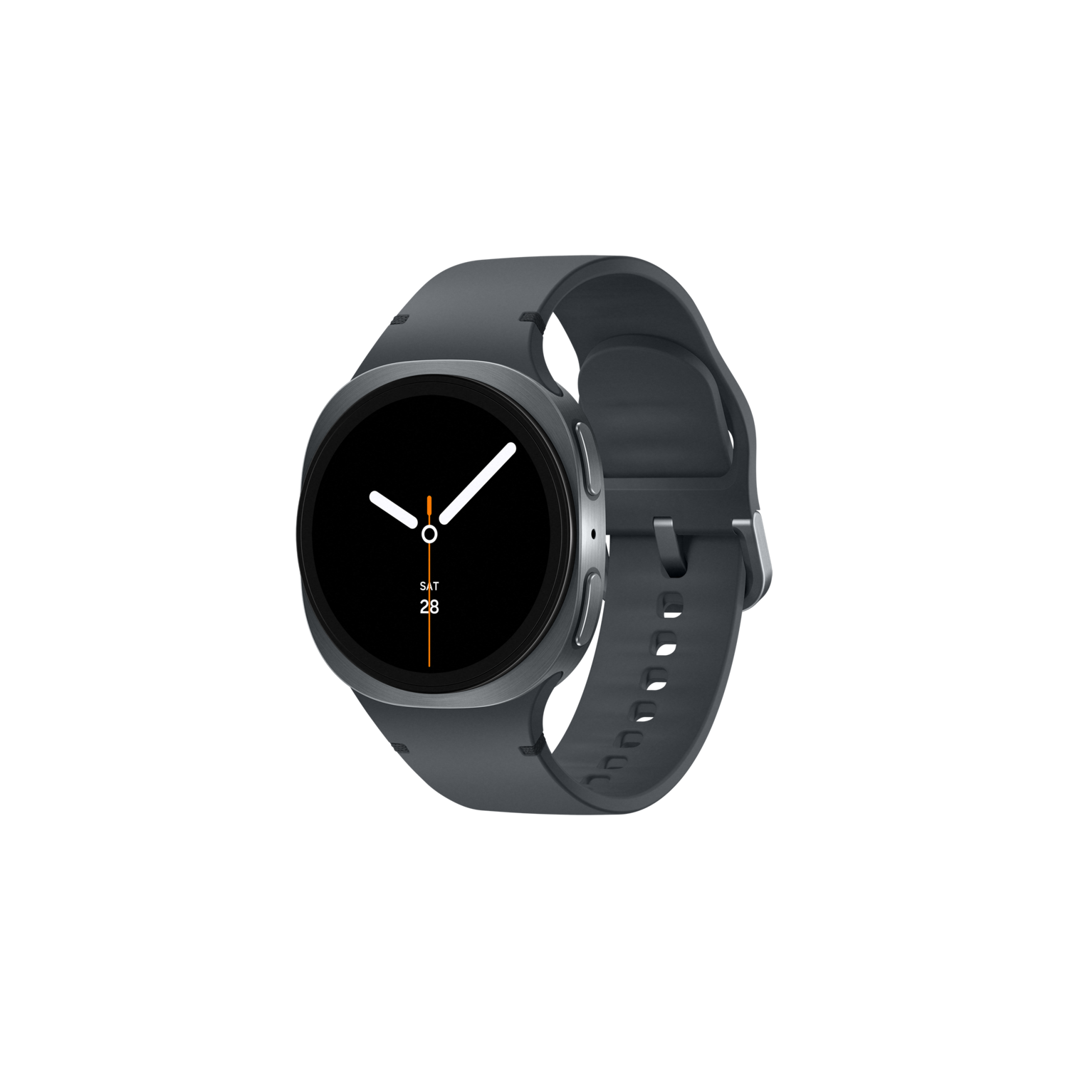 Grijze smartwatch met rond display toont datum en tijd.