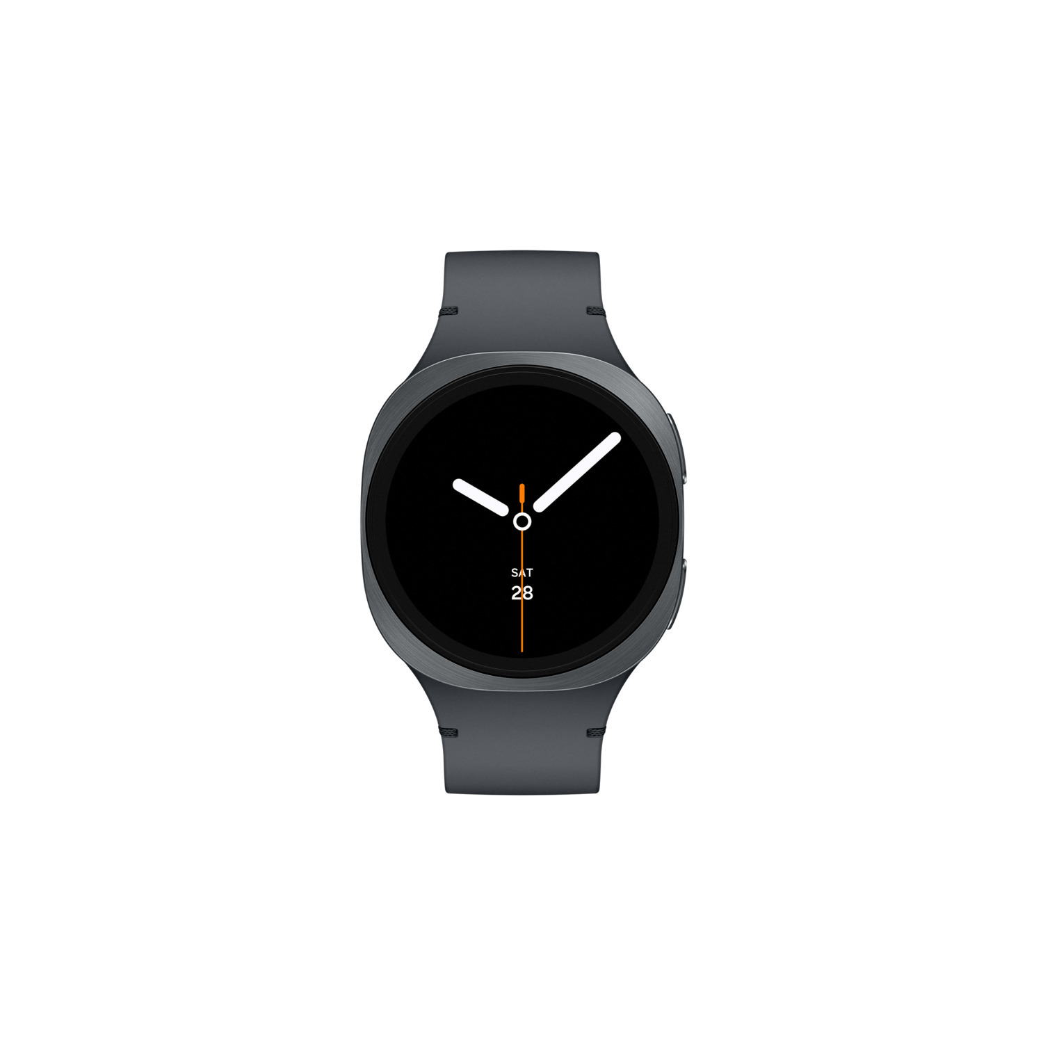 Een donkergrijze smartwatch met een zwart scherm en witte wijzers.