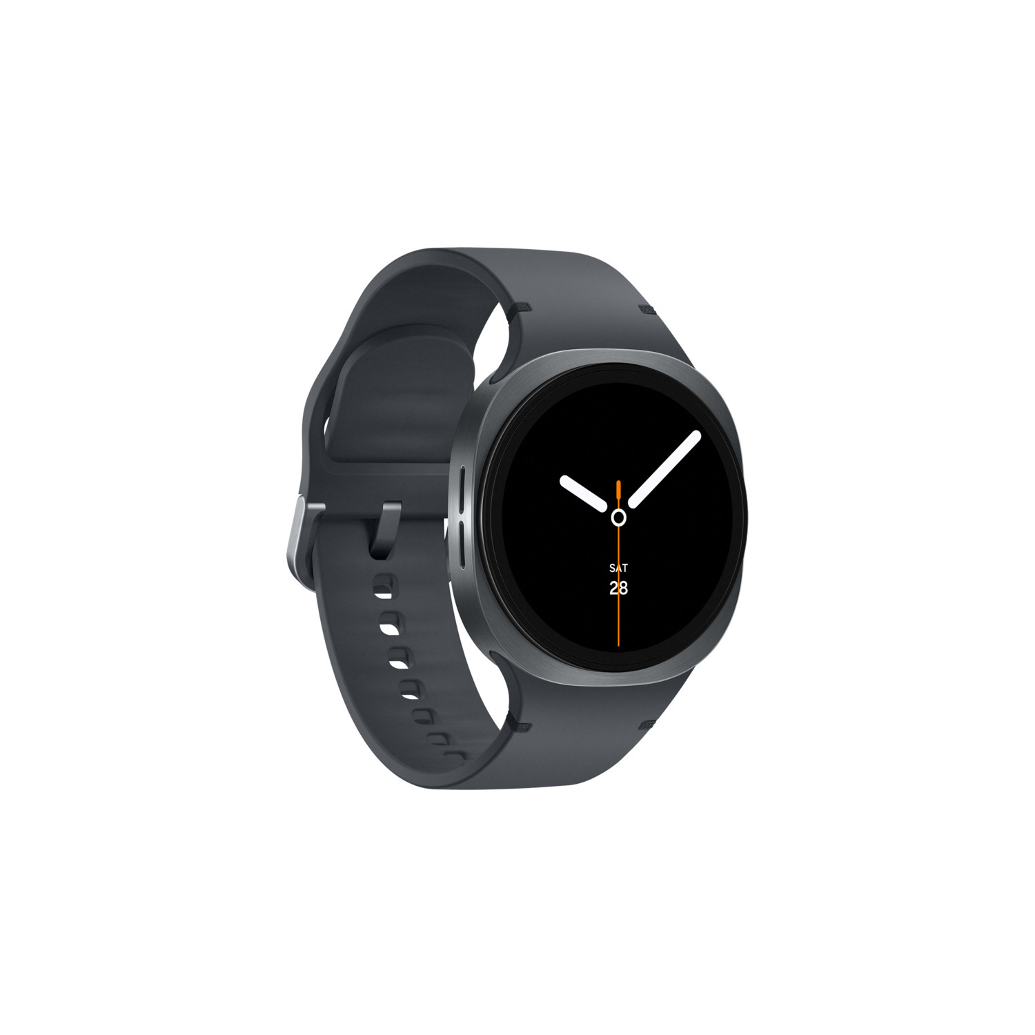 Een donker smartwatch met zwart wijzerplaat en zilveren rand.