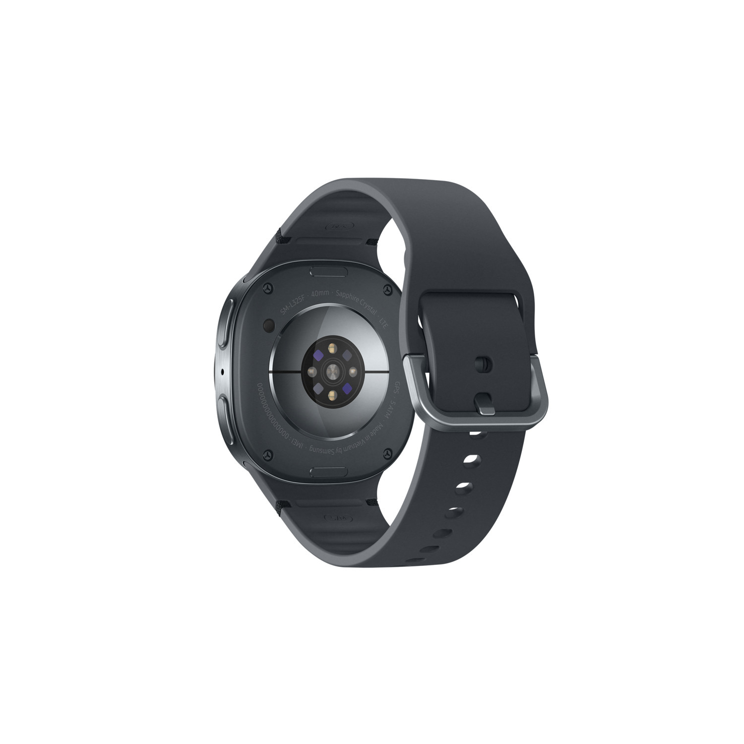 Donkergrijze smartwatch met zwart bandje, achterkant toont sensoren.