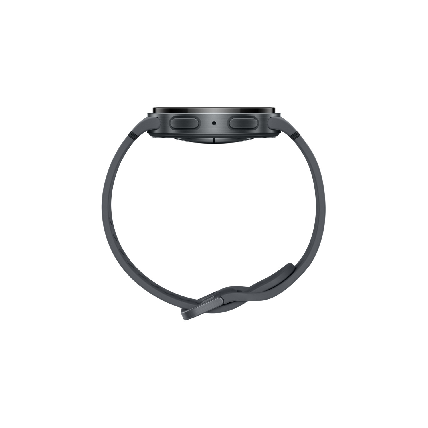 Grijze smartwatch met donker bandje, zijdelings gezien op witte achtergrond.