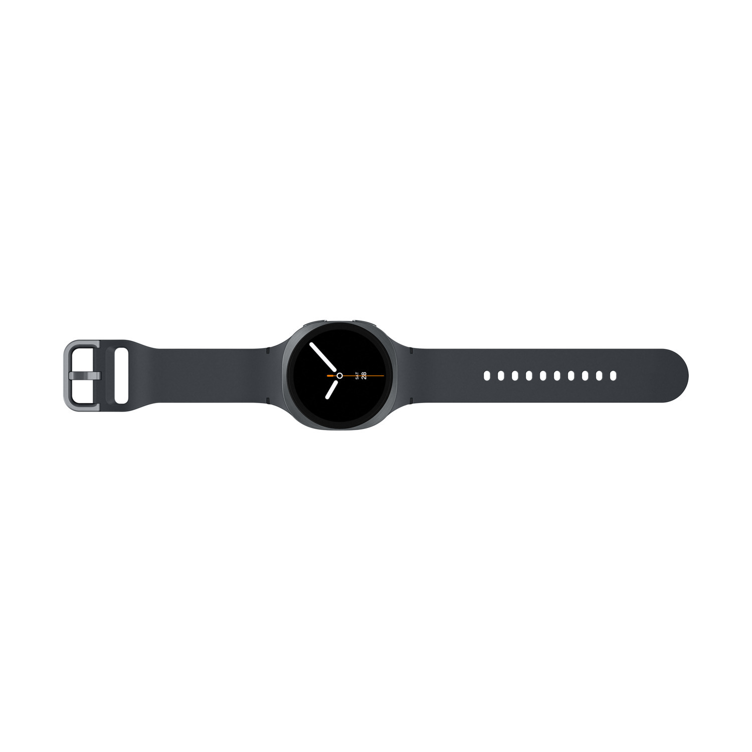 Donkergrijs smartwatch met zwart wijzerplaat dat datum en tijd toont.
