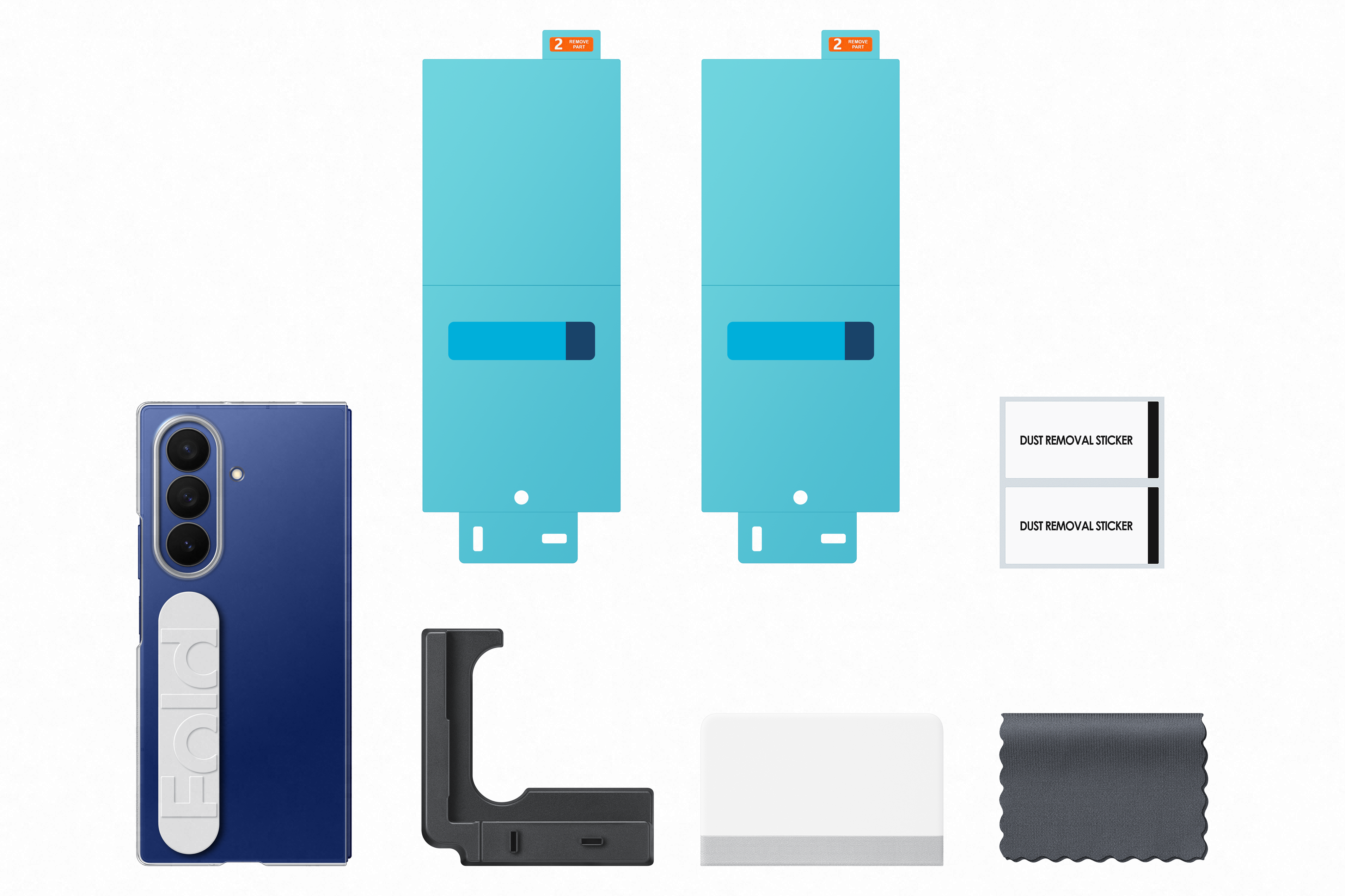 Ein blaues Telefon, Displayschutzfolien, Staubaufkleber, ein Ständer, ein Reinigungstuch und ein weißer Hintergrund.