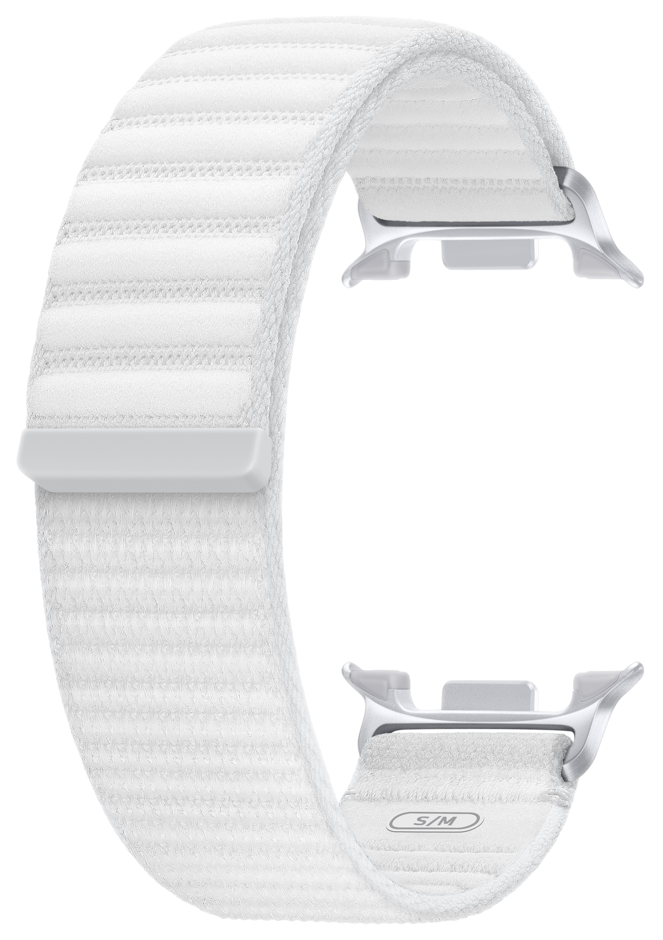 Biały pasek do Apple Watch. Pasek ma konstrukcję pętelkową z teksturowanym wzorem i metalowymi zapięciami.