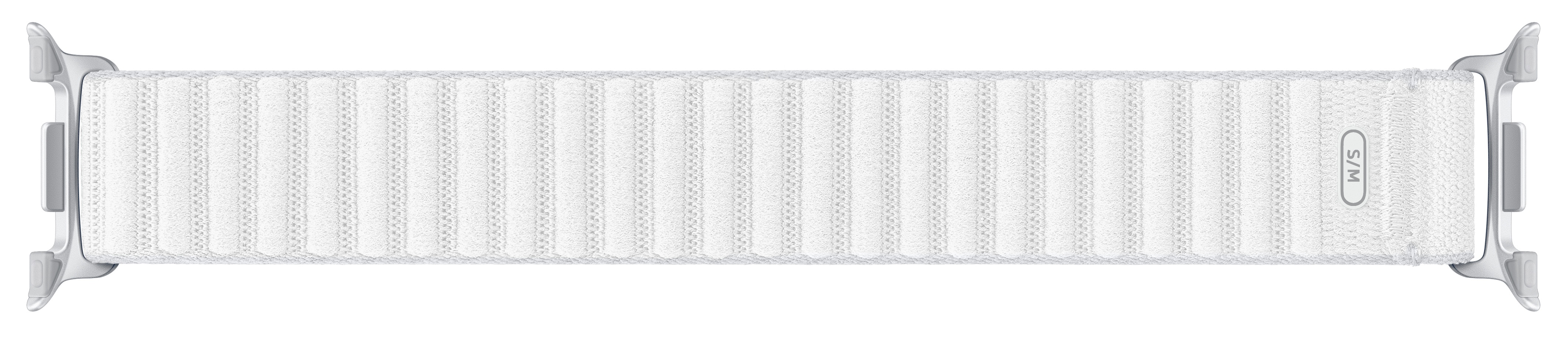 Biały pasek do Apple Watch. Pasek wykonany jest z tkaniny o pionowej, żebrowanej fakturze. Złącza są srebrne.