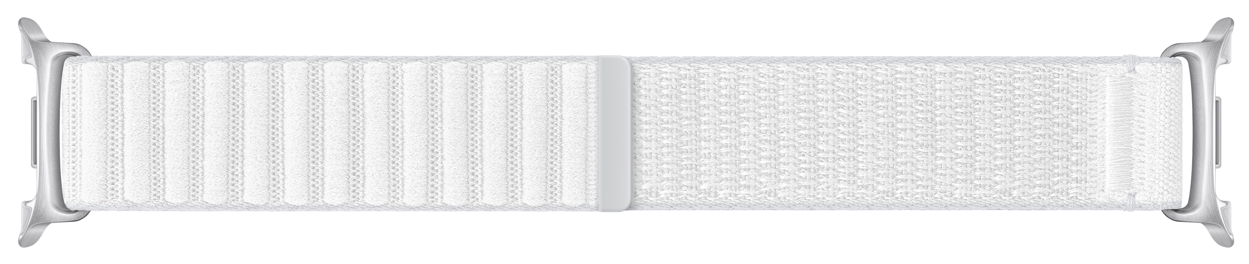 Biały pasek do Apple Watch. Posiada teksturowany, tkany wzór, z metalowymi zapięciami na obu końcach.