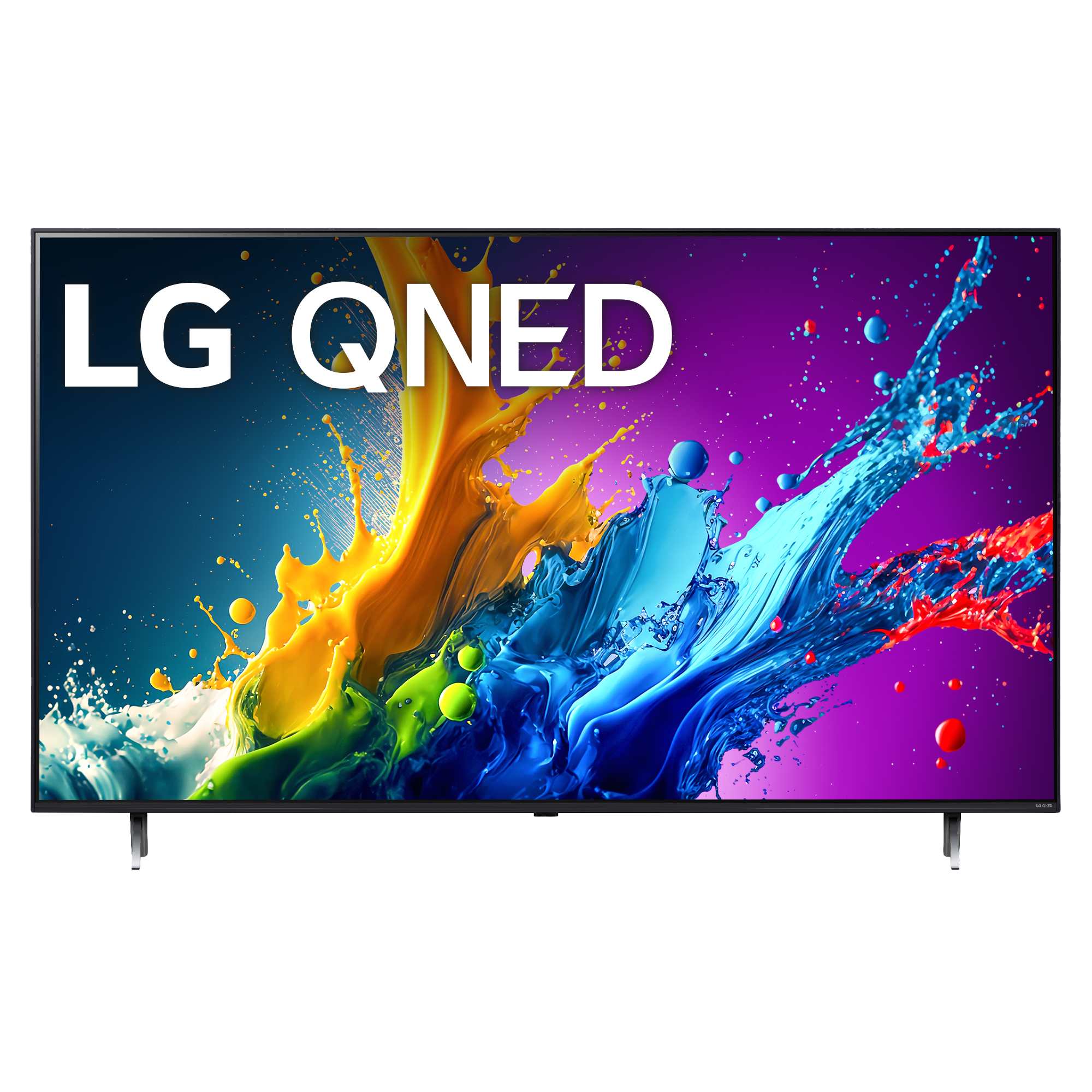 TV LG QNED con arte de salpicaduras de colores: amarillo, azul y morado. Tiene marco negro y dos soportes.