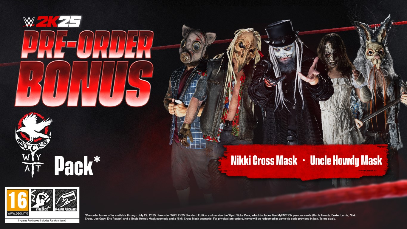 Obraz promocyjny dla WWE 2K25, z postaciami w maskach. Tekst: "Bonus przedsprzedaży" i "Maska Nikki Cross, Maska Uncle Howdy."