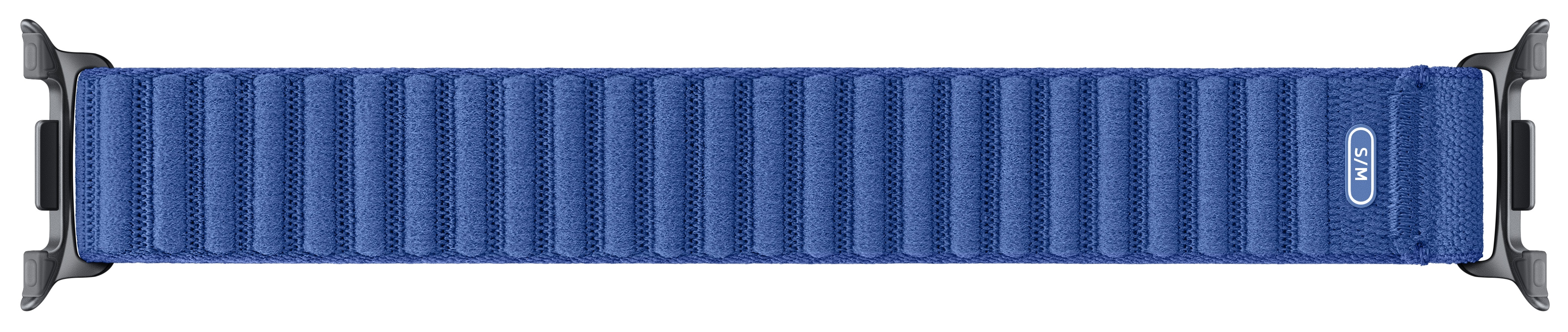 Niebieski pasek do zegarka, o żebrowanej fakturze, z ciemnoszarymi łącznikami i etykietą S/M.