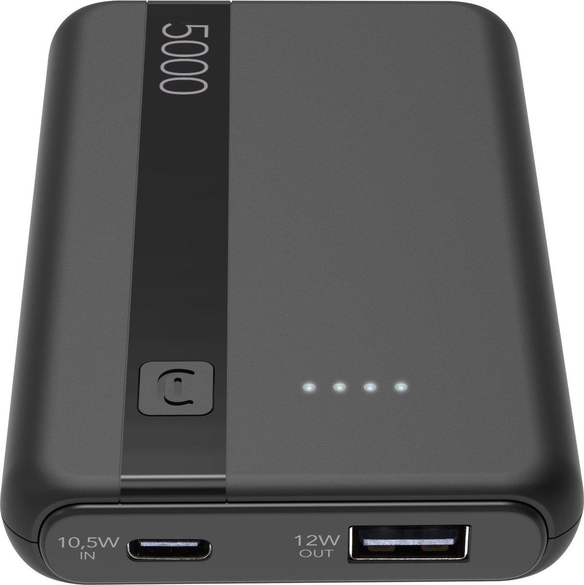 Dunkelgraue Powerbank mit schwarzem Streifen. Hat eine Einschalttaste, vier Kontrollleuchten und Ein-/Ausgangsanschlüsse.