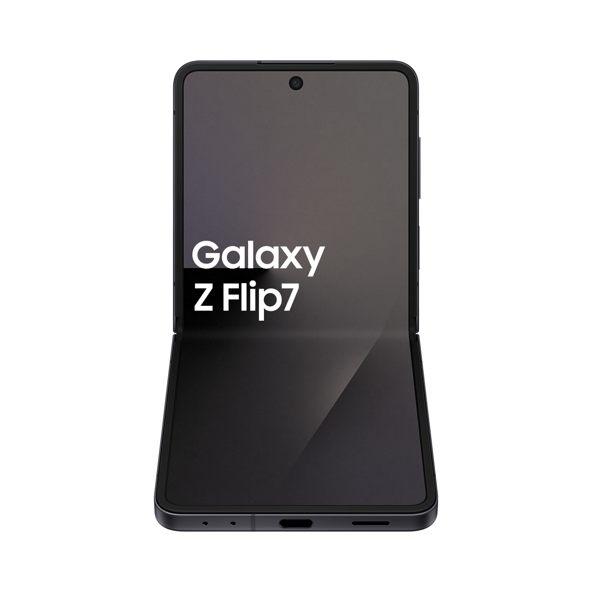 Kısmen açık siyah bir Samsung Galaxy Z Flip7 telefonu. Ekran, telefonun adını beyaz harflerle gösterir: Galaxy Z Flip7.