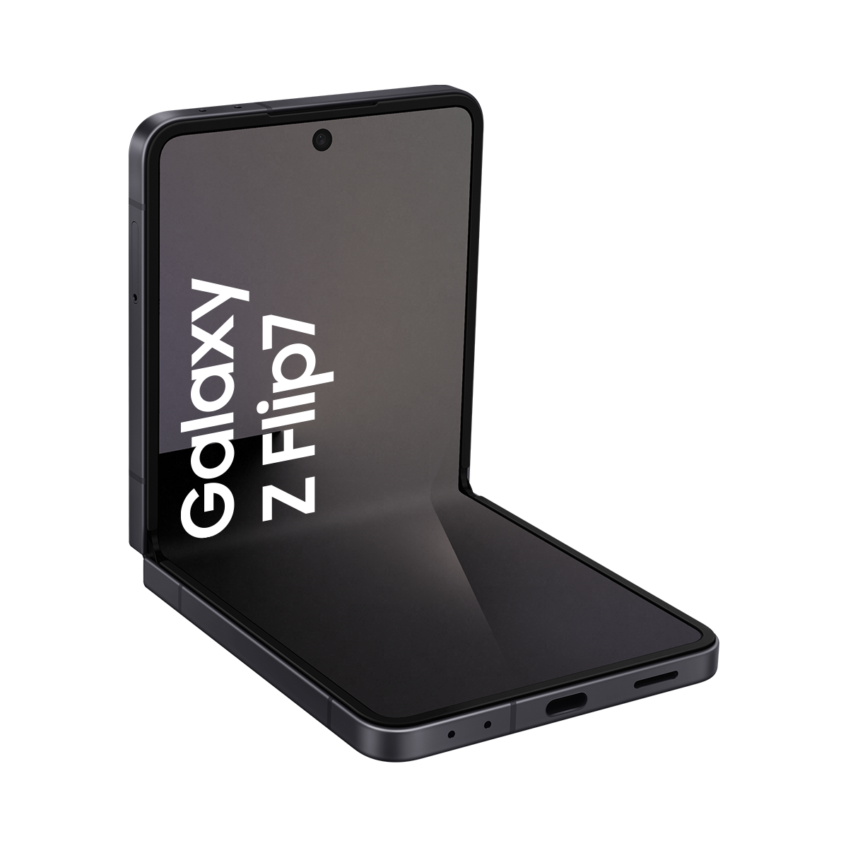 Siyah bir Galaxy Z Flip7 telefonu, kısmen katlanmış, telefonun adını beyaz renkte gösteriyor. Arka plan karanlık.