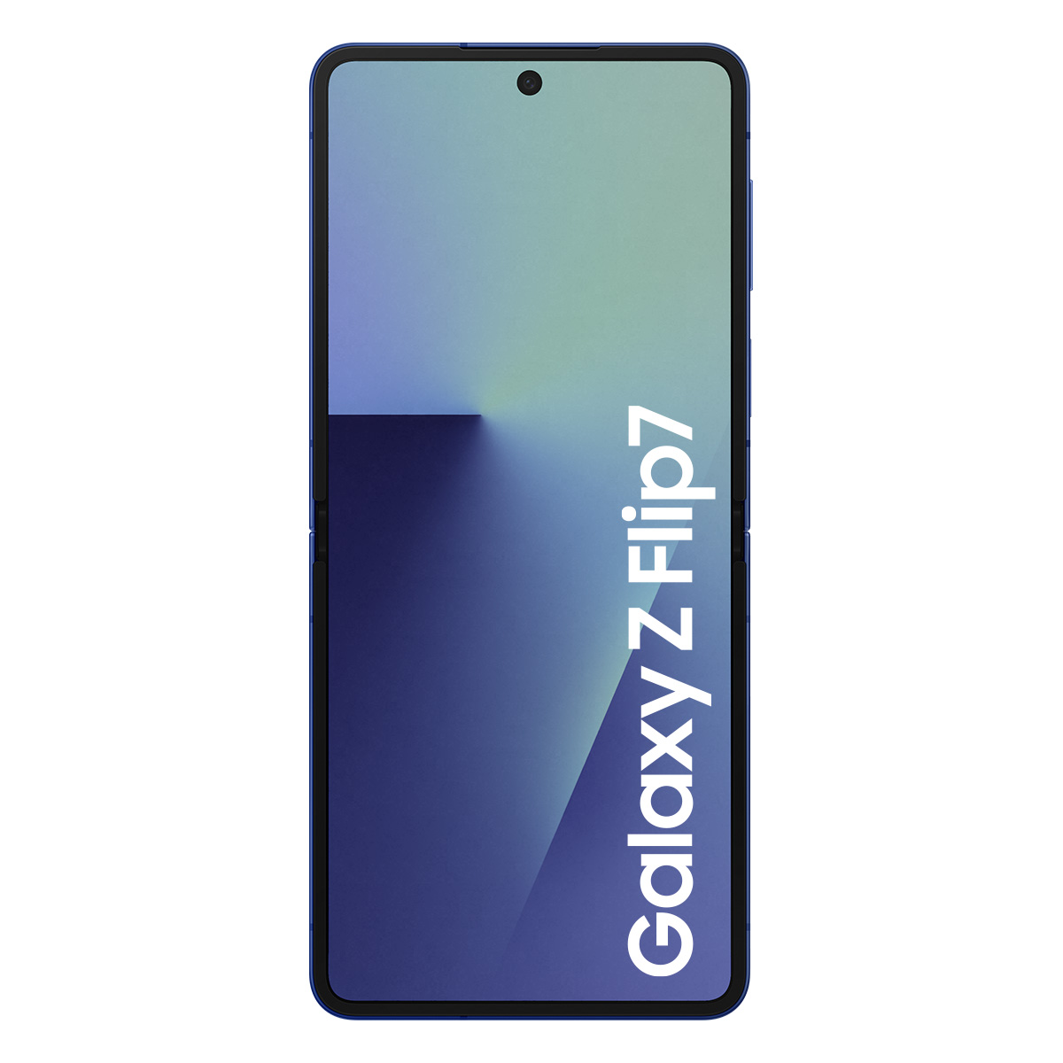Mavi bir Samsung Galaxy Z Flip7 telefonu. Ekran, açık yeşilden koyu maviye doğru bir renk geçişi görüntüler.
