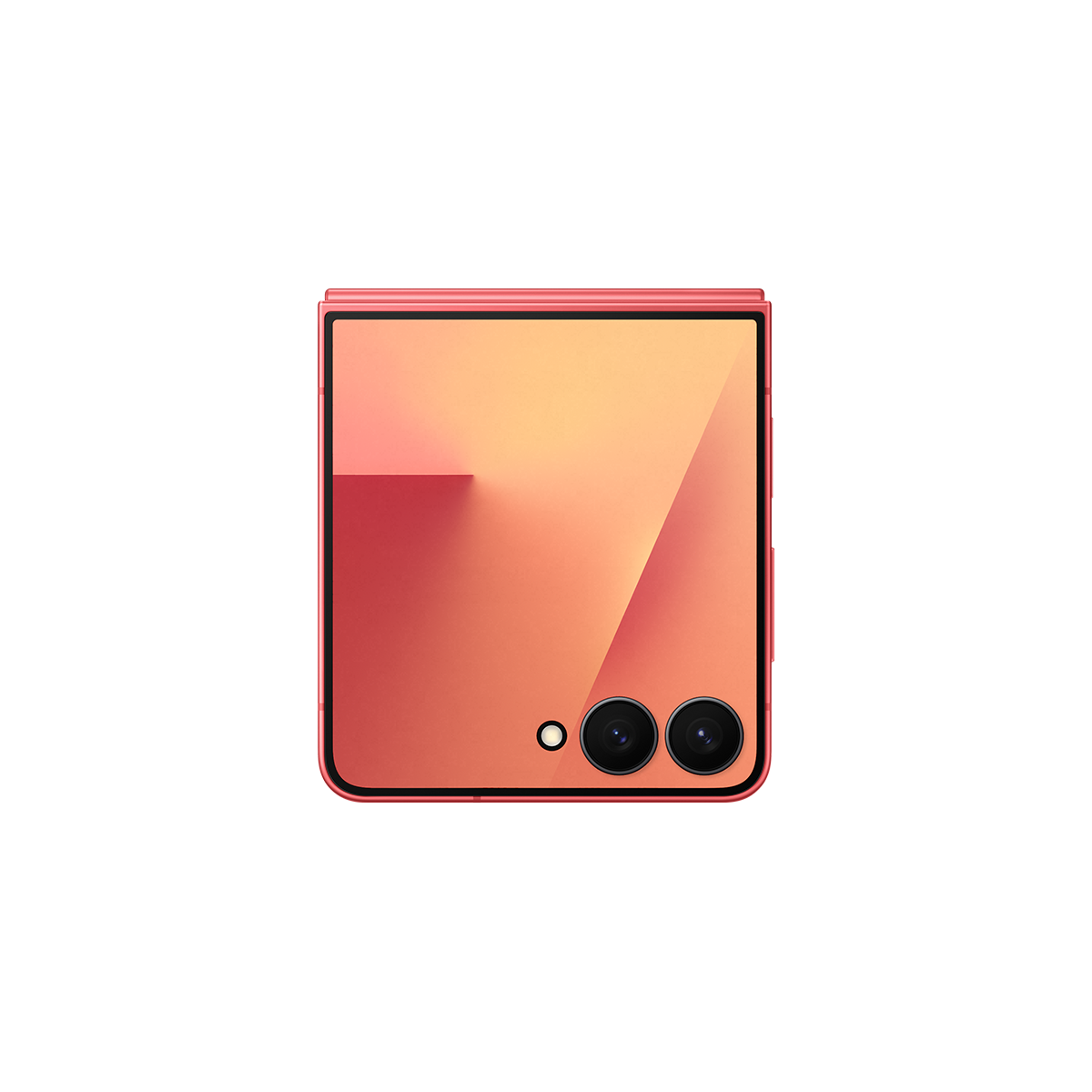 Katlanmış mercan rengi bir akıllı telefon, çift kamera sistemi ve sağ alt köşede tek bir lens.