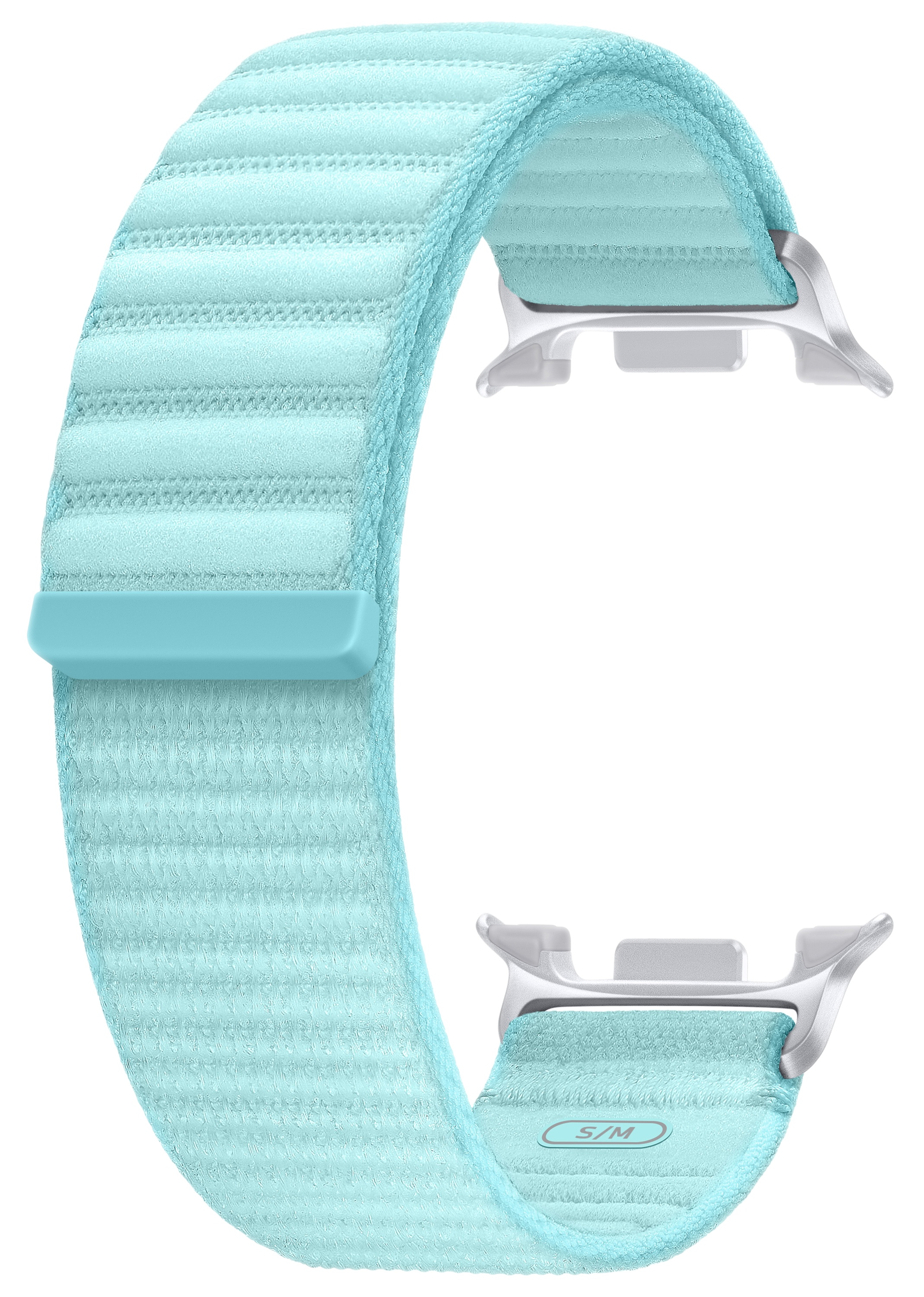 Jasnoniebieski pasek do zegarka ze srebrnymi zapięciami. Ma konstrukcję pętelkową, wykonany z teksturowanej tkaniny. Pasek to S/M.