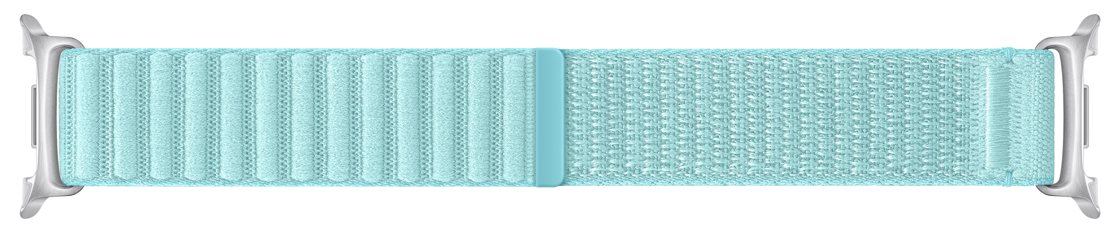 Jasnoniebieski pasek do Apple Watch. Z jednej strony ma teksturowaną tkaninę, z drugiej żebrowany wzór. Srebrne zapięcia.