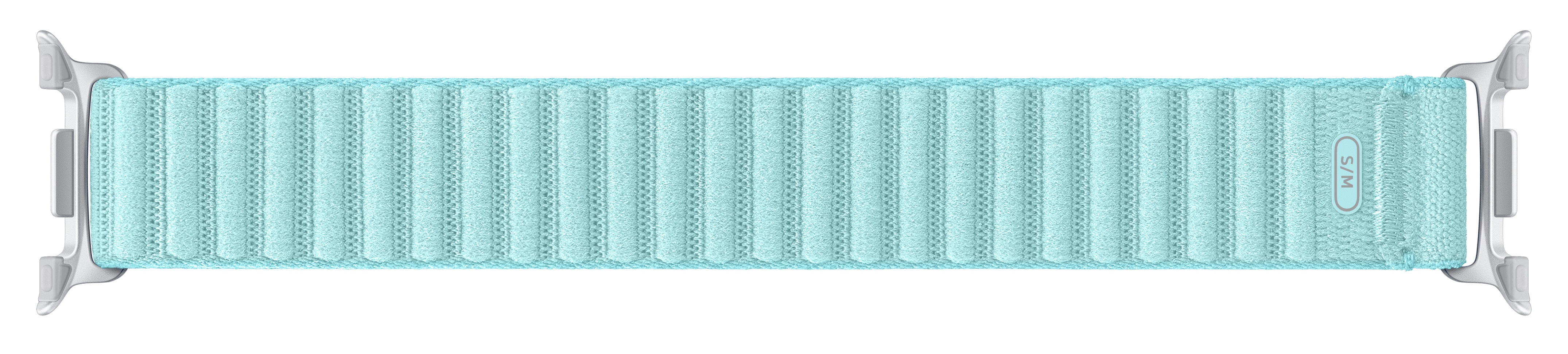 Jasnoniebieski pasek do Apple Watch ze srebrnymi łącznikami. Pasek ma żebrowaną teksturę i jest oznaczony S/M.