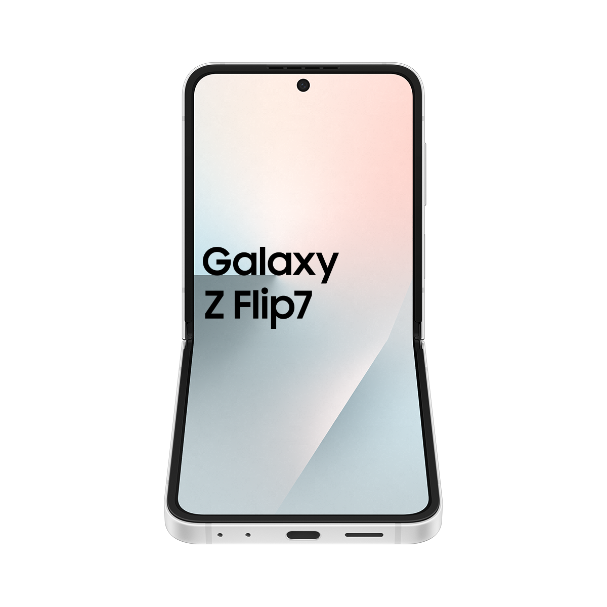 Beyaz, kısmen açık bir Samsung Galaxy Z Flip7 telefonu. Ekran, telefonun adını gösteriyor. Arka plan beyazdır.