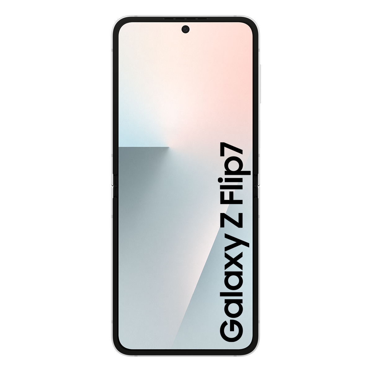 Samsung Galaxy Z Flip7 telefonu. Ekran beyaz, pembe ve mavi geçiş gösteriyor. Telefonun adının yazdığı siyah telefon çerçevesi.