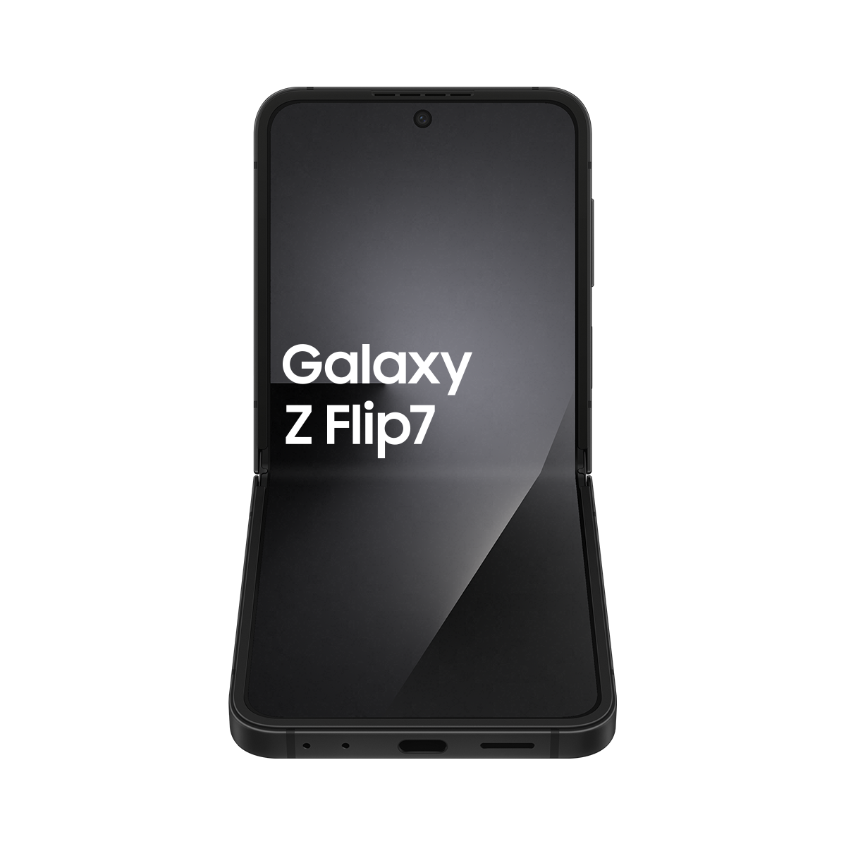 Siyah Galaxy Z Flip7 telefonu, kısmen açık. Ekran telefonun adını gösteriyor. Arka plan temiz beyaz.