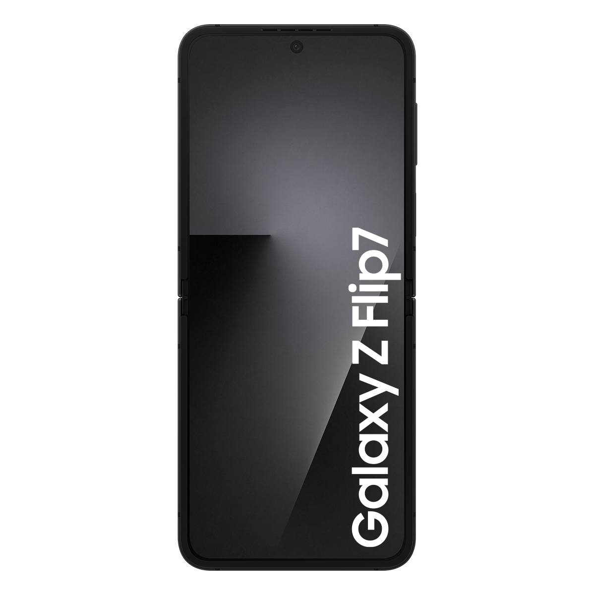 Siyah Galaxy Z Flip 7 telefonu, kapalı ve dik. Beyaz metin sağ tarafta Galaxy Z Flip7 yazıyor.