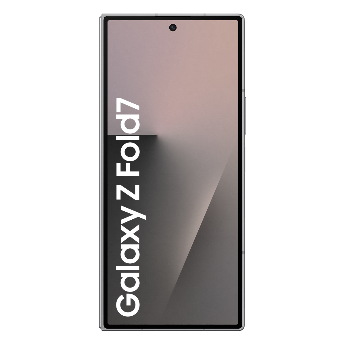 Gümüş renkli bir Samsung Galaxy Z Fold7 telefonu. Ekran, renklerin bir gradyanını görüntüler. Telefonun adı dikey olarak beyaz renkte yazılmıştır.