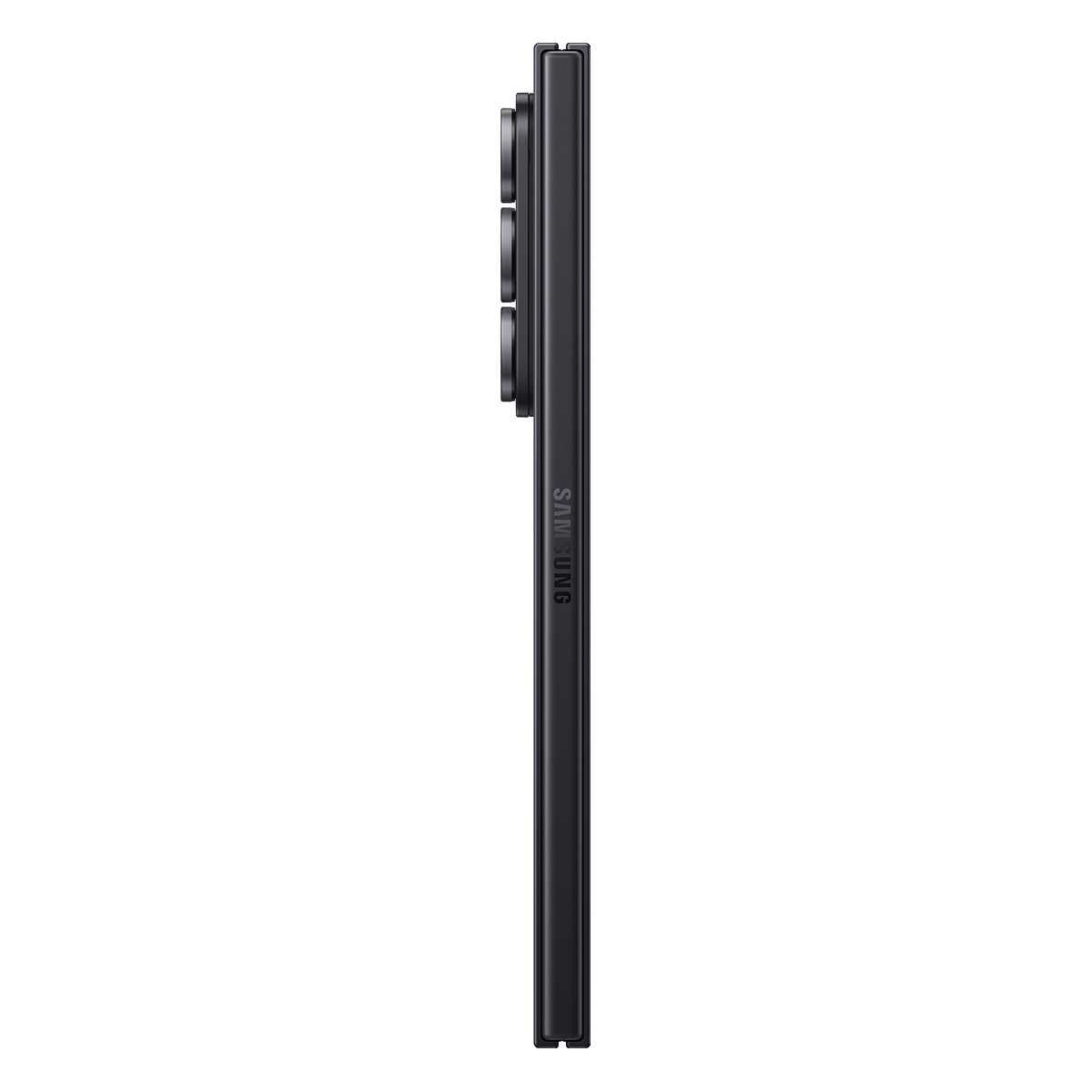 Koyu mor renkli bir Samsung telefonunun yan görünümü. Kamera çıkıntısı görülebilir. Samsung kelimesi dikey olarak basılmıştır.
