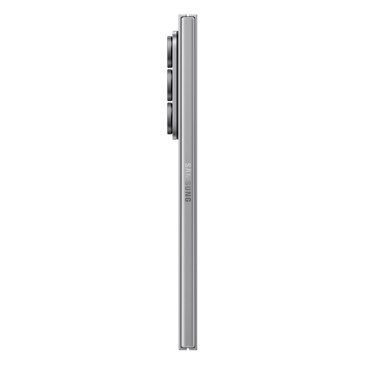 Gümüş renkli bir Samsung telefonunun yan görünümü. Samsung logosu görünür. Kamera lensleri sol tarafta.
