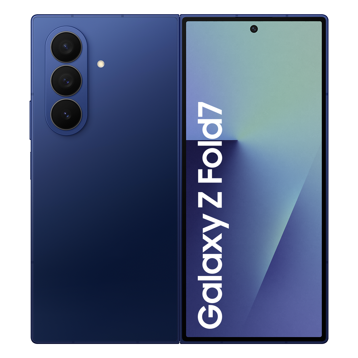 Lacivert bir Samsung Galaxy Z Fold7 gösteriliyor. Telefon kısmen açık, telefonun adının yazılı olduğu bir ekranı gösteriyor.