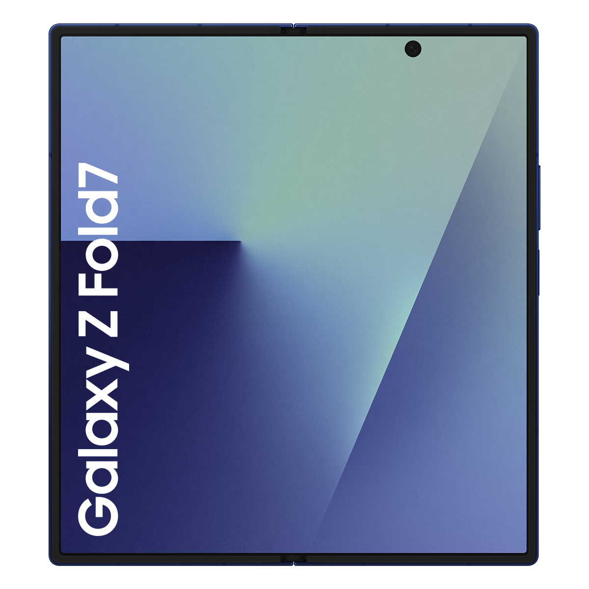 Mavi ve beyaz bir Samsung Galaxy Z Fold7 telefonu. Ekran, renklerin bir gradyanını görüntüler. Telefonun siyah bir kamera noktası var.