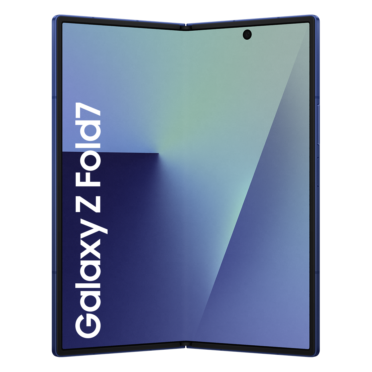 Mavi bir Samsung Galaxy Z Fold7 telefonu, açık. Ekran, mavi ve yeşillerden oluşan bir geçiş gösteriyor.