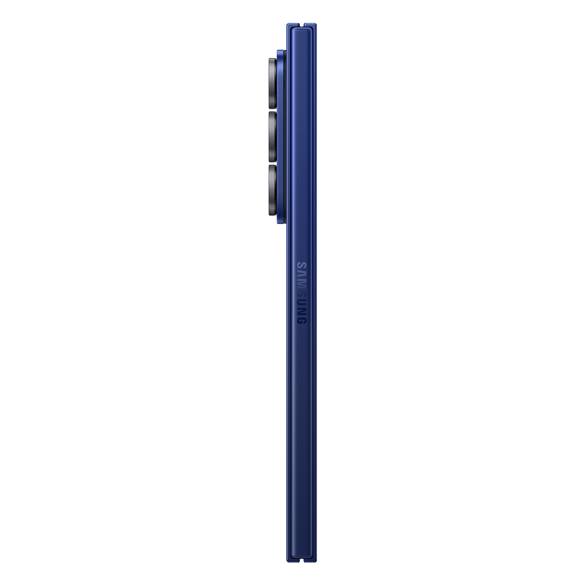 Mavi Samsung telefon profili. Görünür kamera lensleri ve yan tuşlar. SAMSUNG logosu dikey olarak basılmıştır. Beyaz zemin.